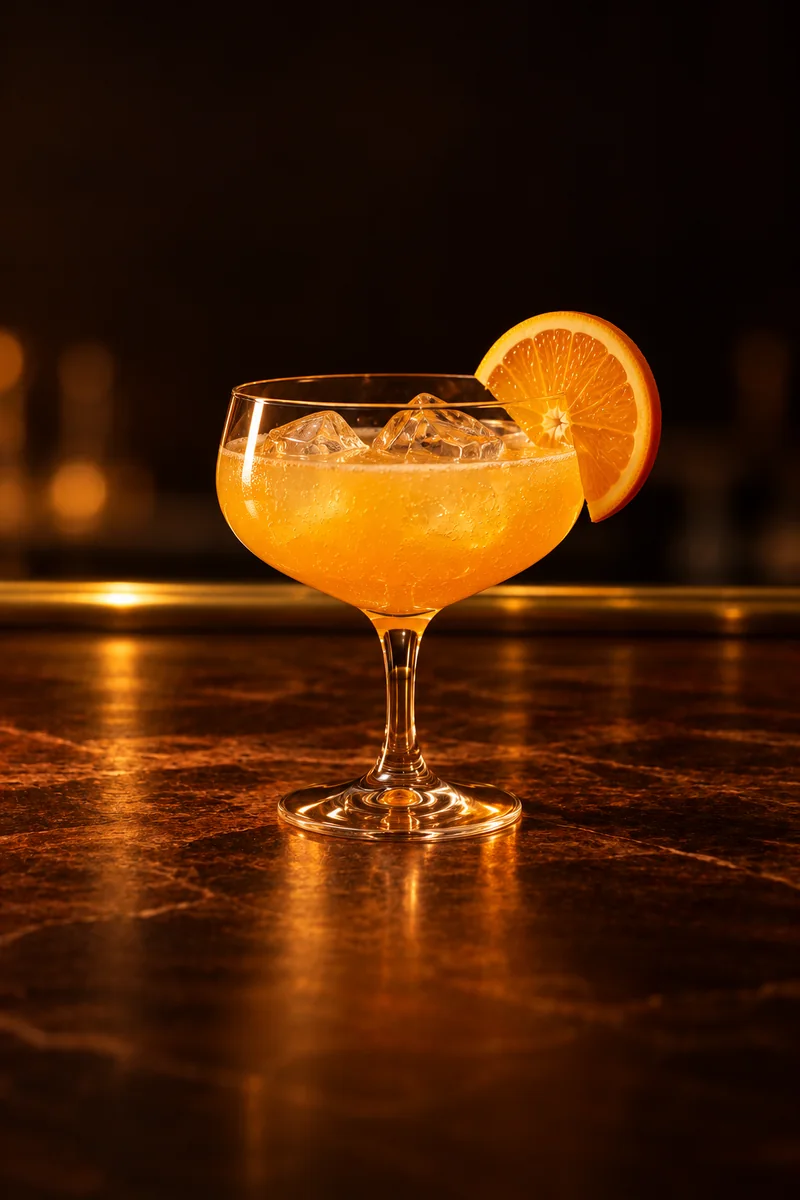 Illustration of Agua de Valencia: bright pale orange, slightly cloudy, with fine bubbles, in a broad stemmed copa glass with a wide shallow bowl.