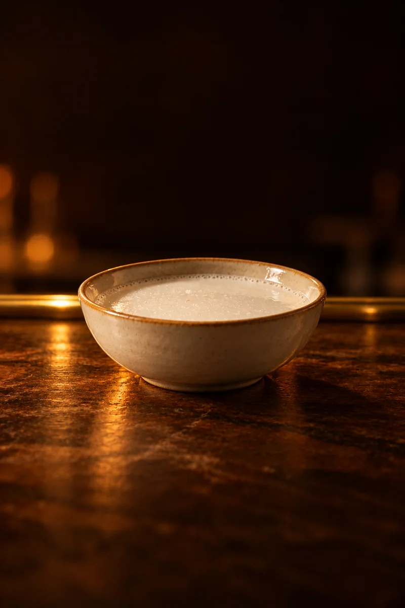 Illustration of Airag: thin pale white milk with a faint fizz, in a wide shallow handle-less bowl of pale glazed ceramic.