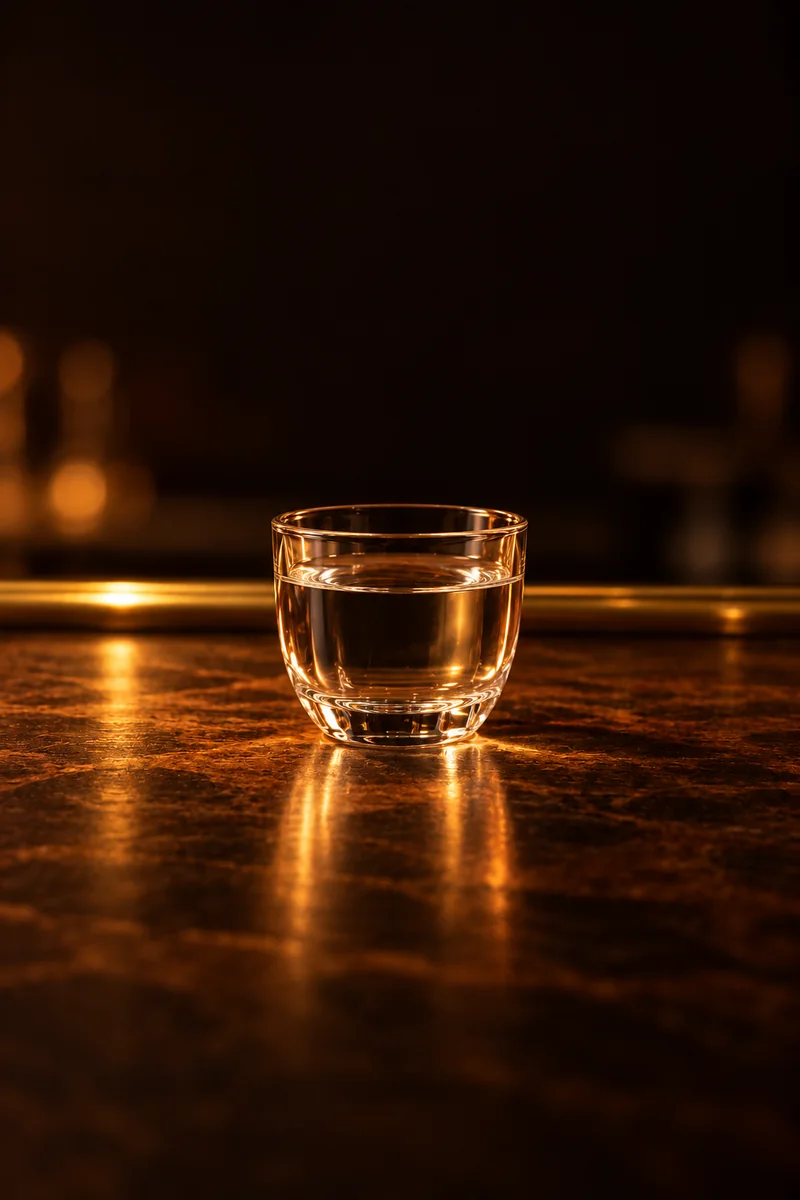 Illustration of Baijiu Ganbei: clear and colorless, in a small stemless clear glass cup.