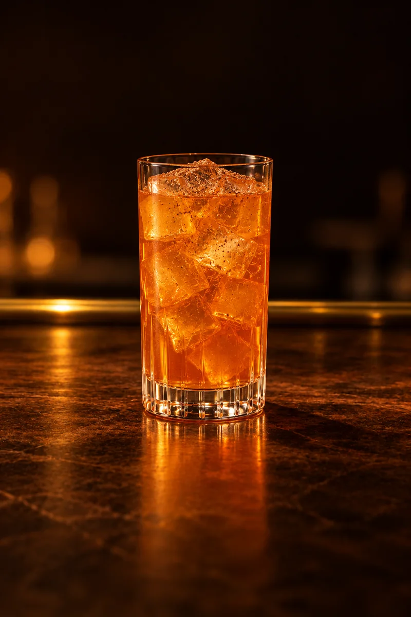 Illustration of Bajan Rum Punch: orange-amber and clear, in a tall straight-sided tumbler.