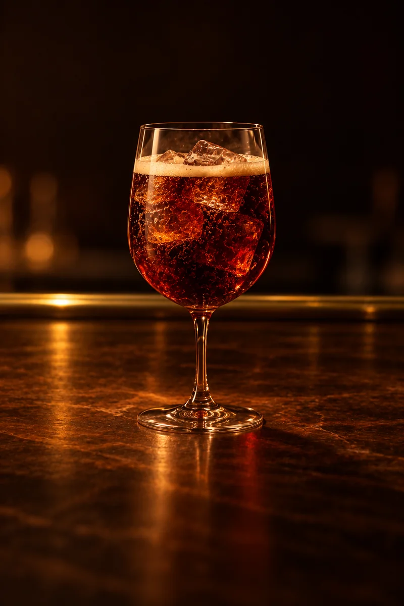 Illustration of Bambus: dark cola brown with a red tint, fizzing, in a stemmed wine glass.
