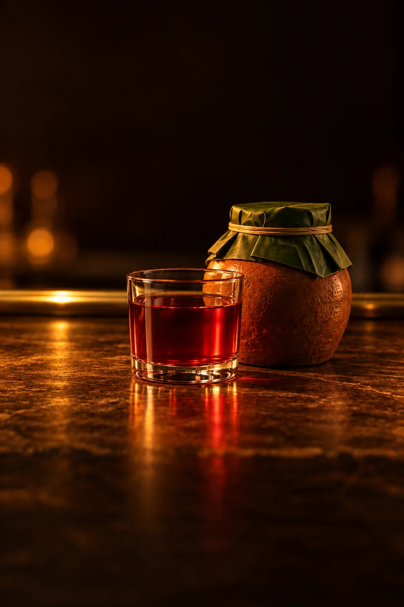 Illustration of Basi: clear pale red, in a small clear glass.