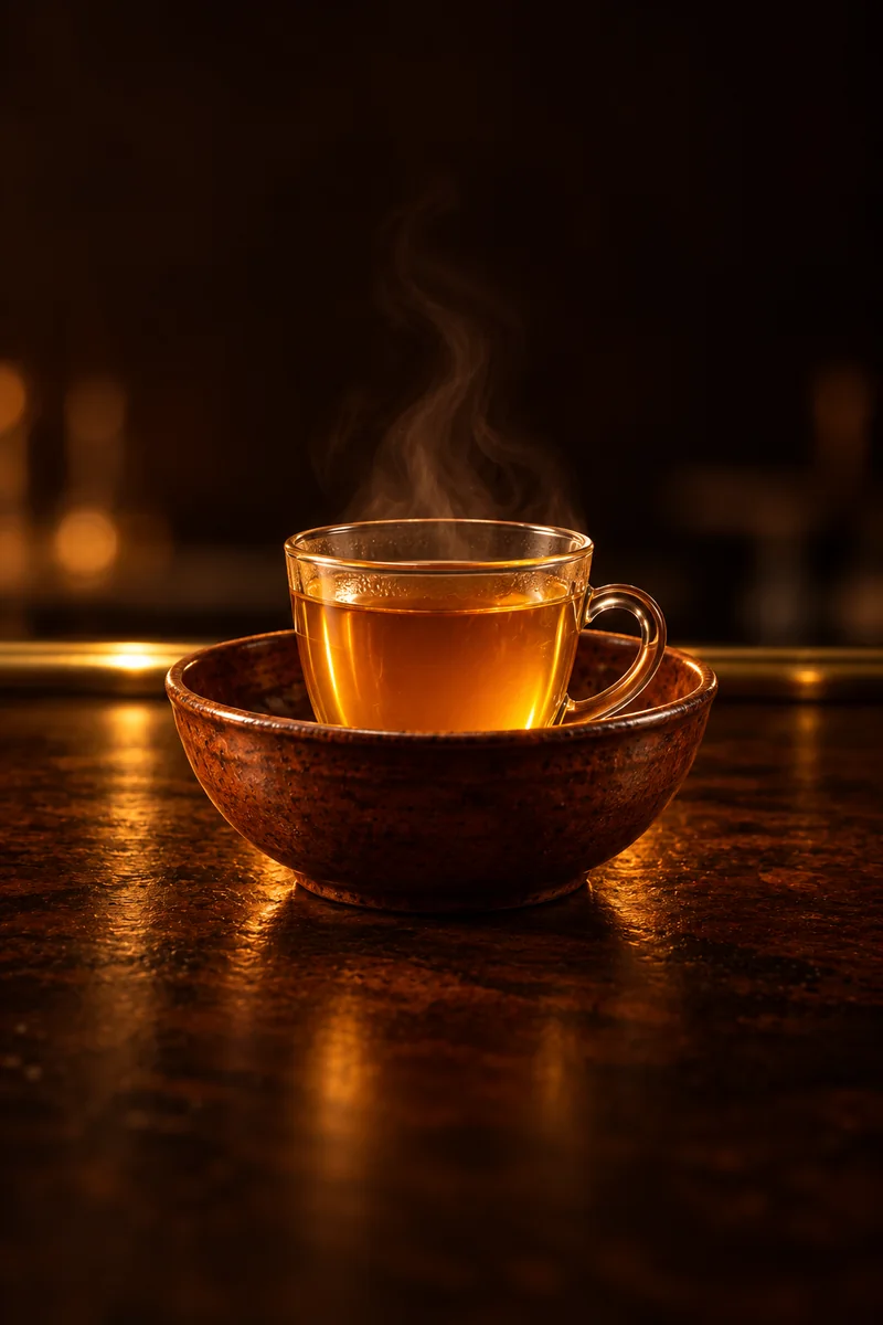 Illustration of Krupnik, Belarusian Hospitality Serve: honey-coloured warm amber with steam, in a small clear glass cup.