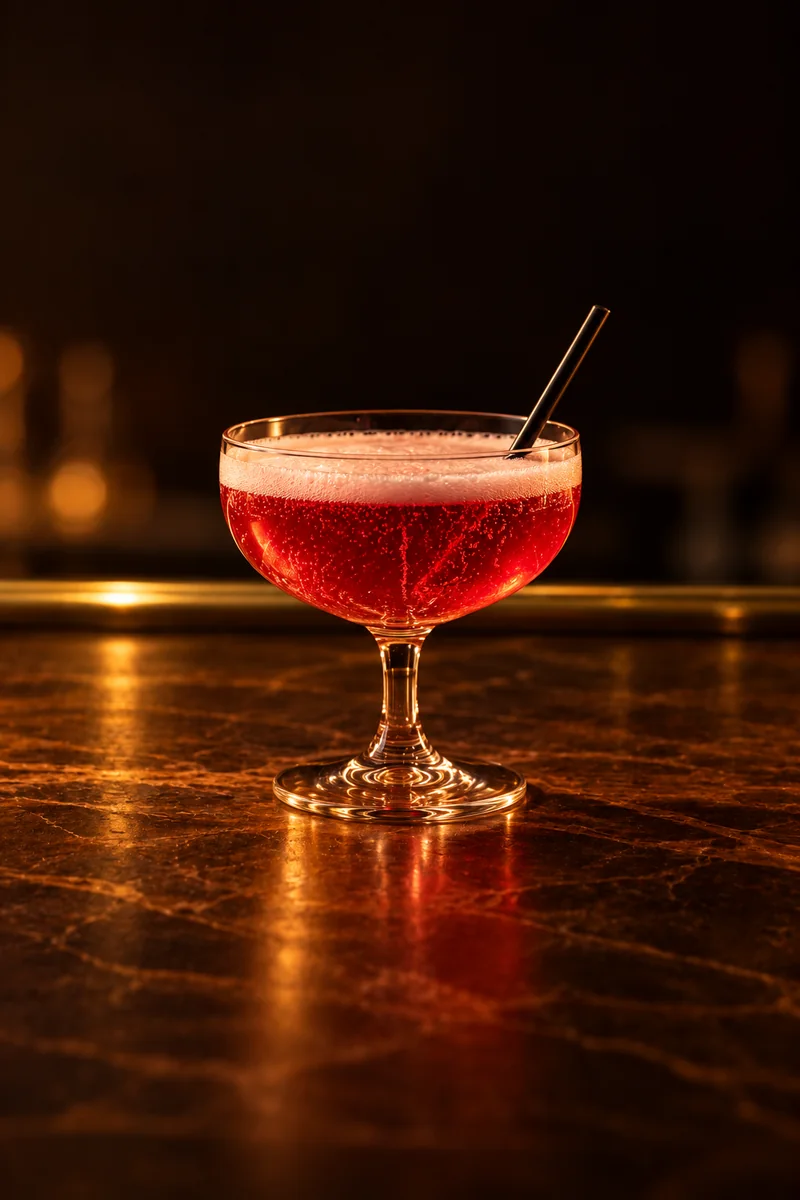 Illustration of Berliner Weisse mit Schuss: bright translucent raspberry red with pale foam along the surface and fine bubbles, in a wide shallow bowl-shaped stemmed glass with a drinking straw standing in it.