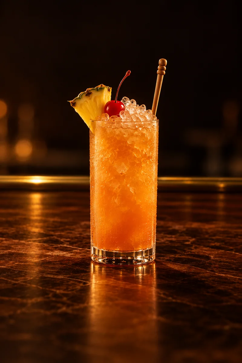 Illustration of Bermuda Rum Swizzle: orange-amber, frosted and slightly cloudy, in a tall chilled Collins glass.