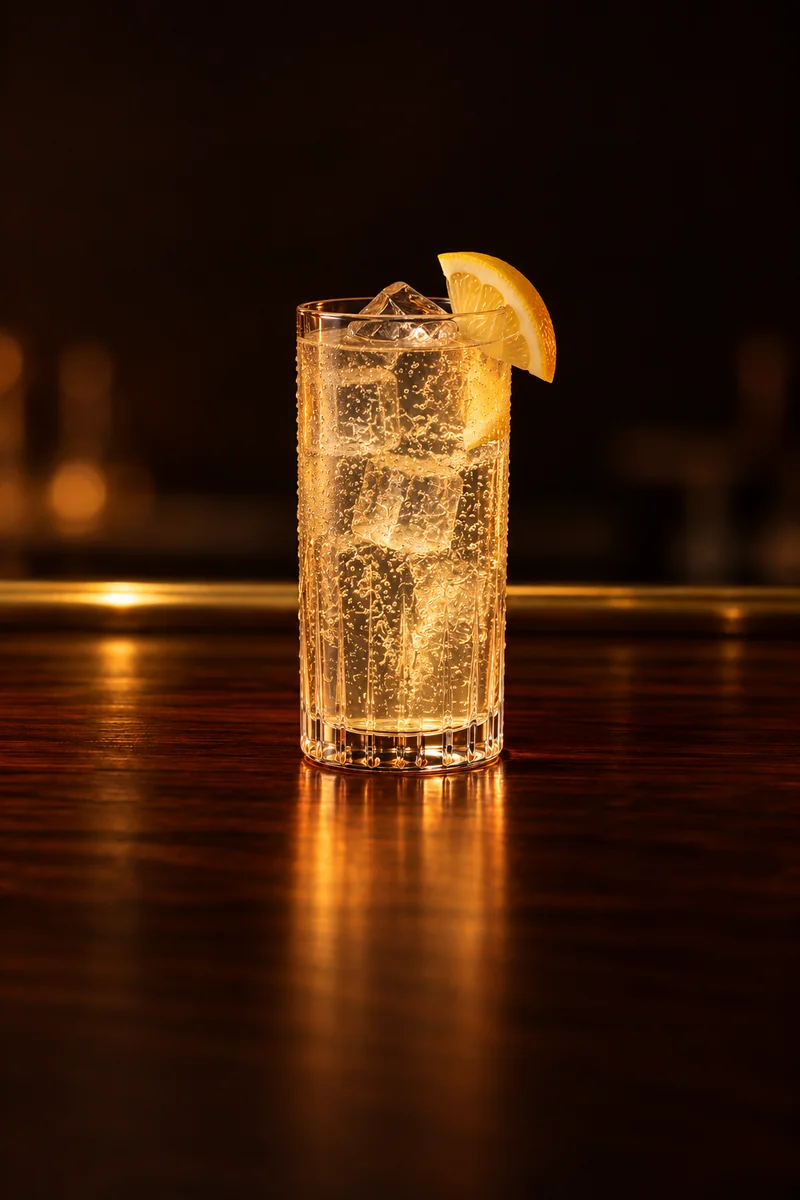 Illustration of Beton: clear pale straw with fine rising tonic bubbles, in a tall Collins glass beaded with condensation.