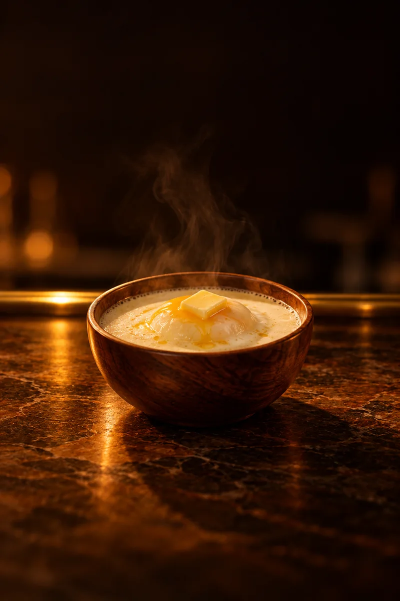 Illustration of Ara with Butter and Egg: creamy white and steaming with butter melted in, in a small wooden bowl.