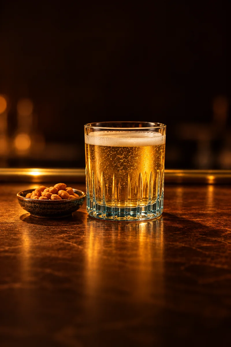 Illustration of Bia Hoi: clear light pale-lager gold, in a short thick-based tumbler with a patterned body and a faint bluish tint.