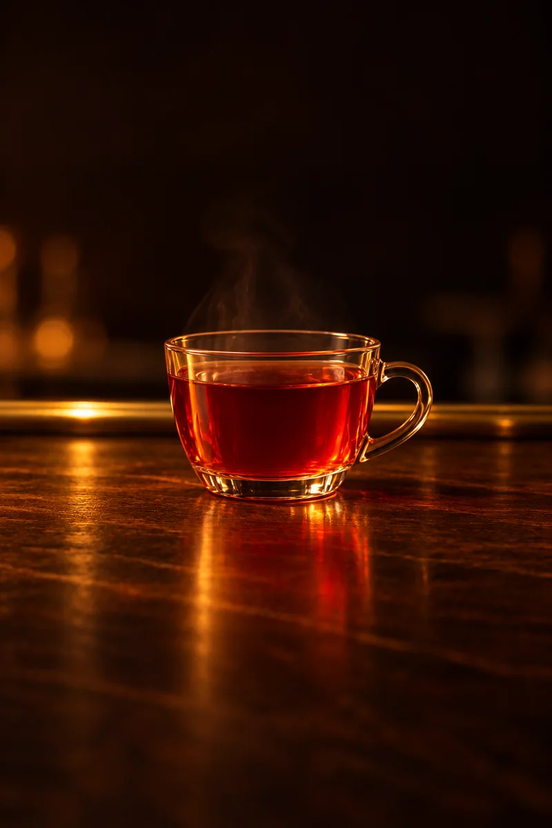 Illustration of Bir Pletok: clear ruby red to reddish amber, in a small clear glass cup.
