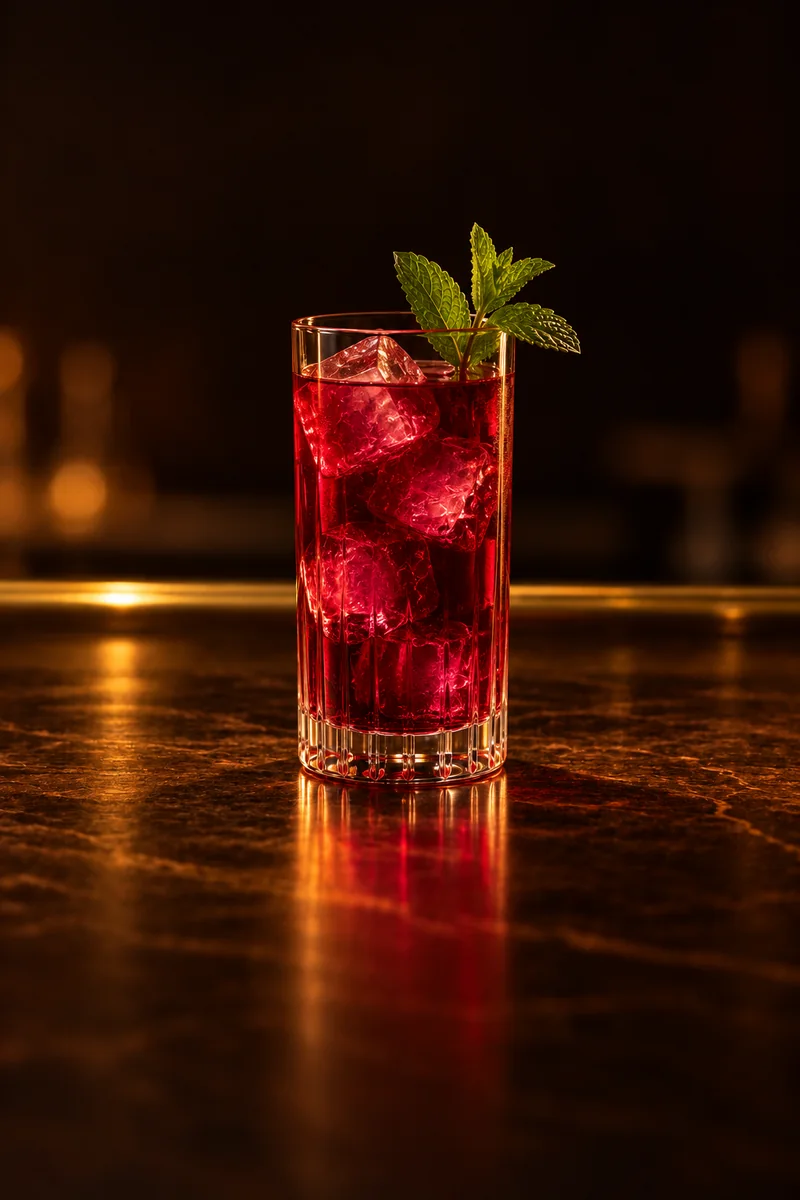 Illustration of Bissap: clear vivid red to fuchsia, still, in a tall clear glass.