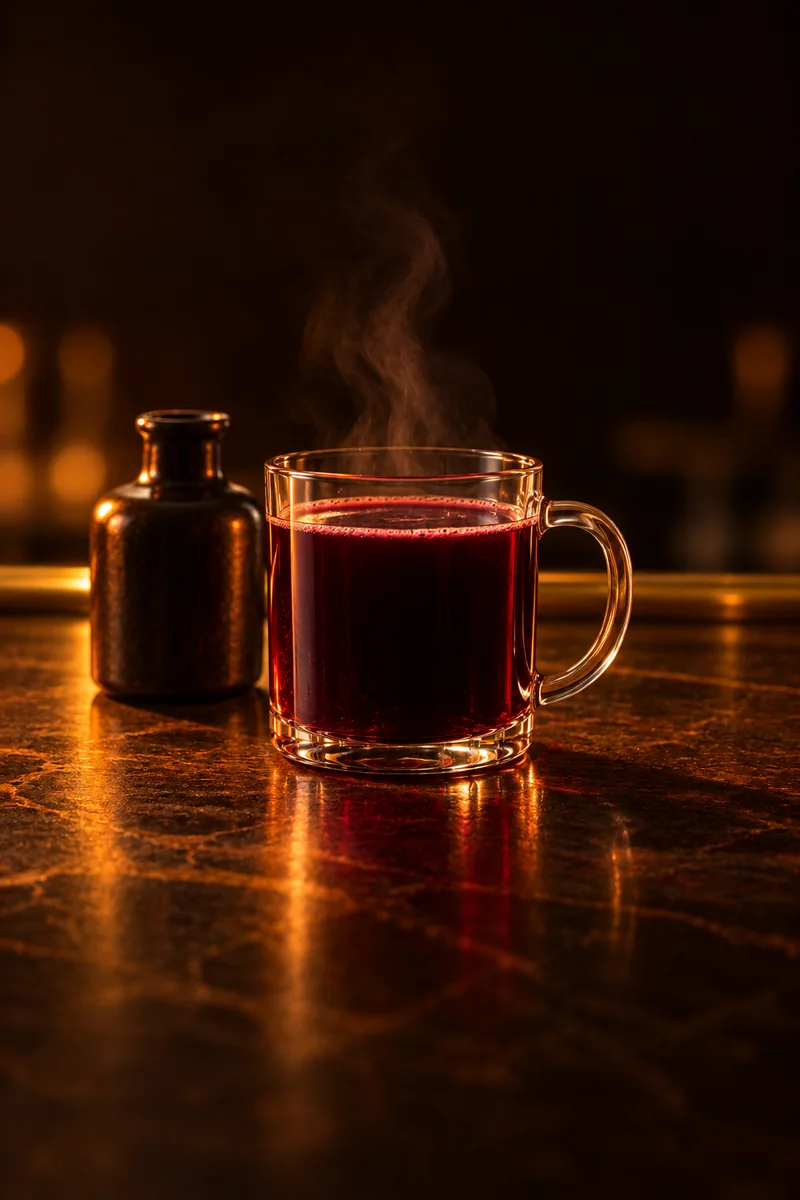 Illustration of Riga Black Balsam with Hot Blackcurrant Juice: hot very dark purple-black, nearly opaque, with steam, in a heatproof glass mug.
