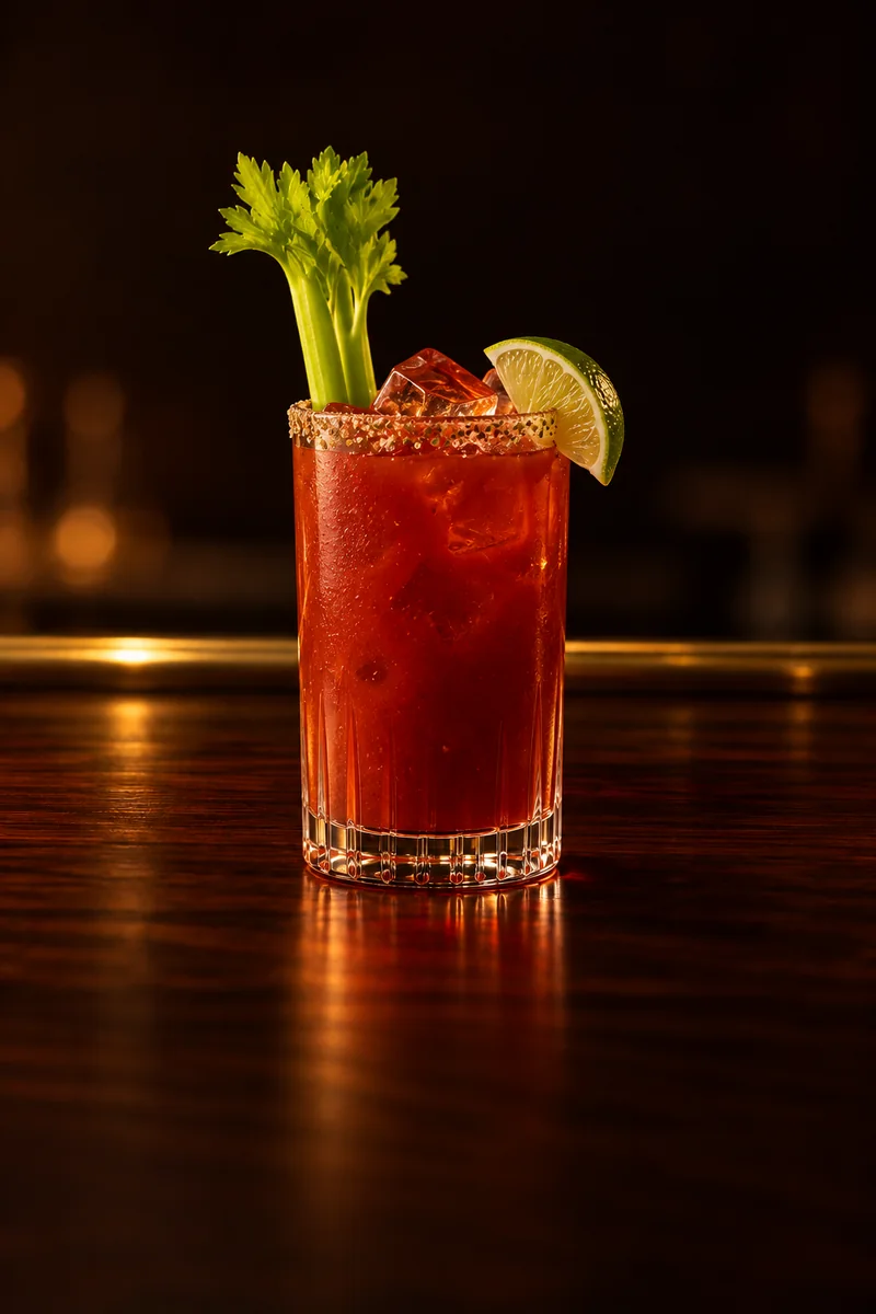 Illustration of Bloody Caesar: opaque tomato red, no layers, no foam, in a tall straight-sided highball glass with a celery salt rim.