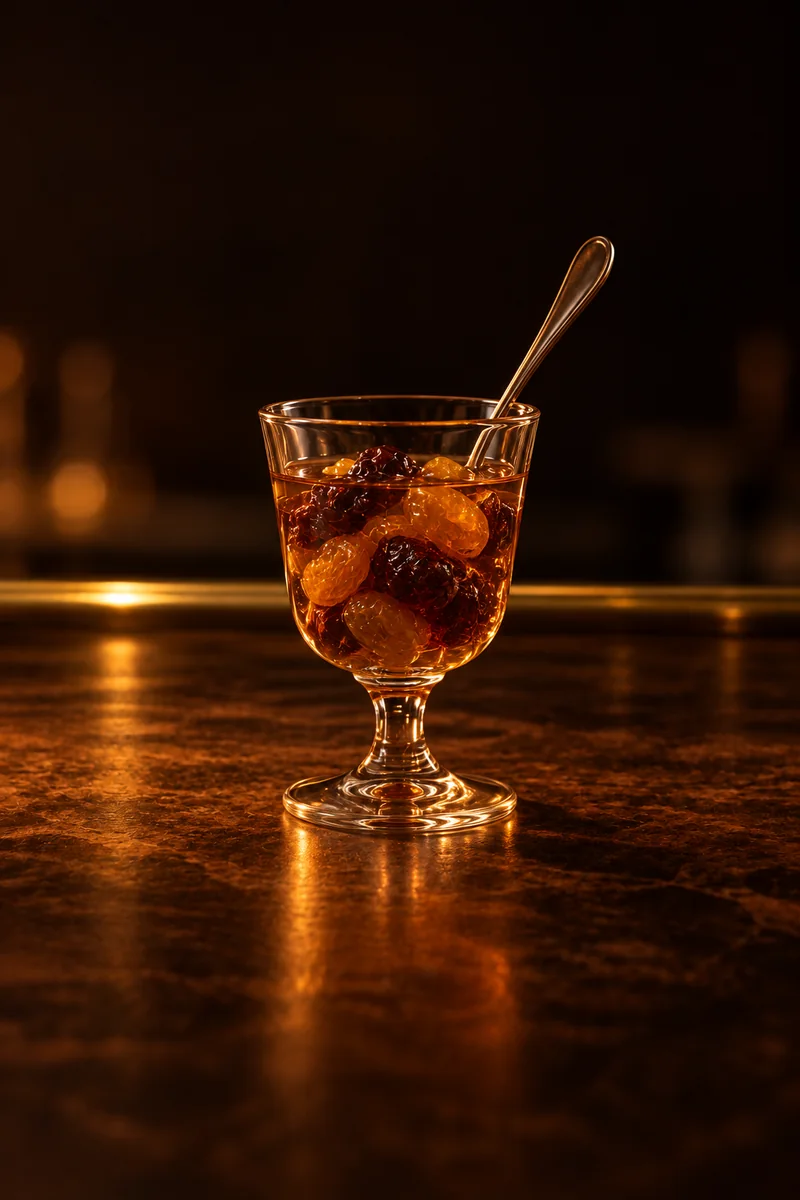 Illustration of Boerenjongens: golden-brown syrupy brandy with plump golden and dark raisins submerged in it, in a small clear spirits glass with a small spoon resting in it.