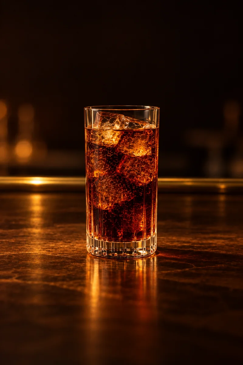 Illustration of Brandy and Coke: dark brown, clear and fizzy, in a tall highball tumbler.