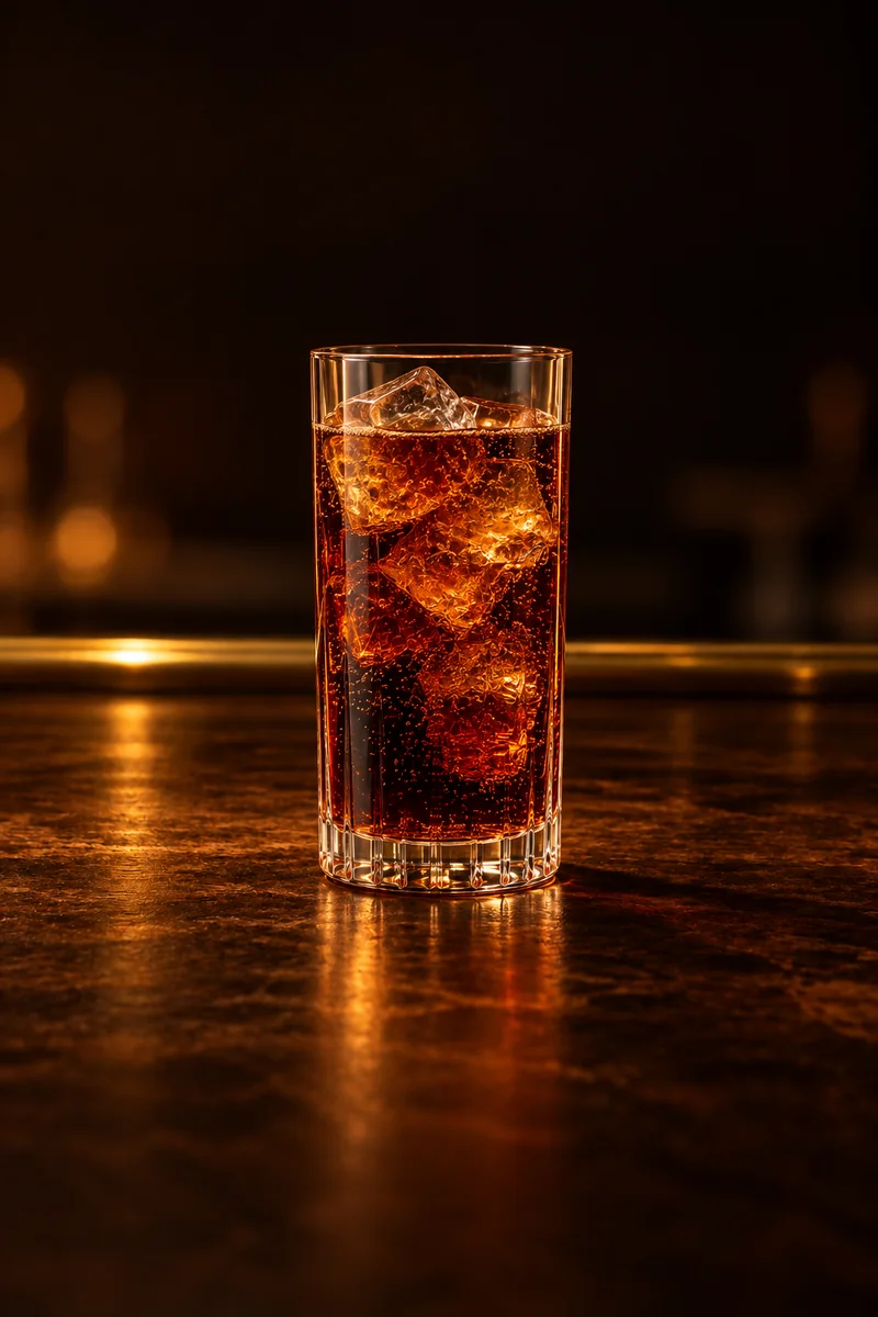 Illustration of Bundy and Cola: dark brown, cola-colored, fizzing, in a tall straight highball glass.