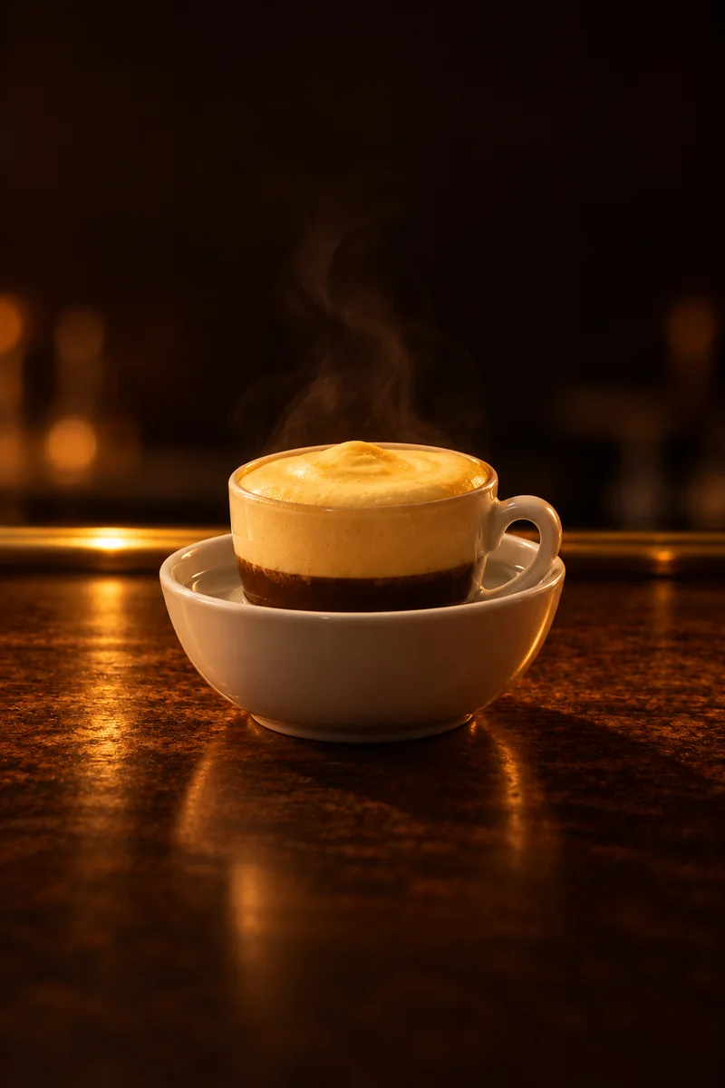 Illustration of Egg Coffee: thick pale cream-yellow whisked egg foam over dark coffee, in a small white ceramic coffee cup.