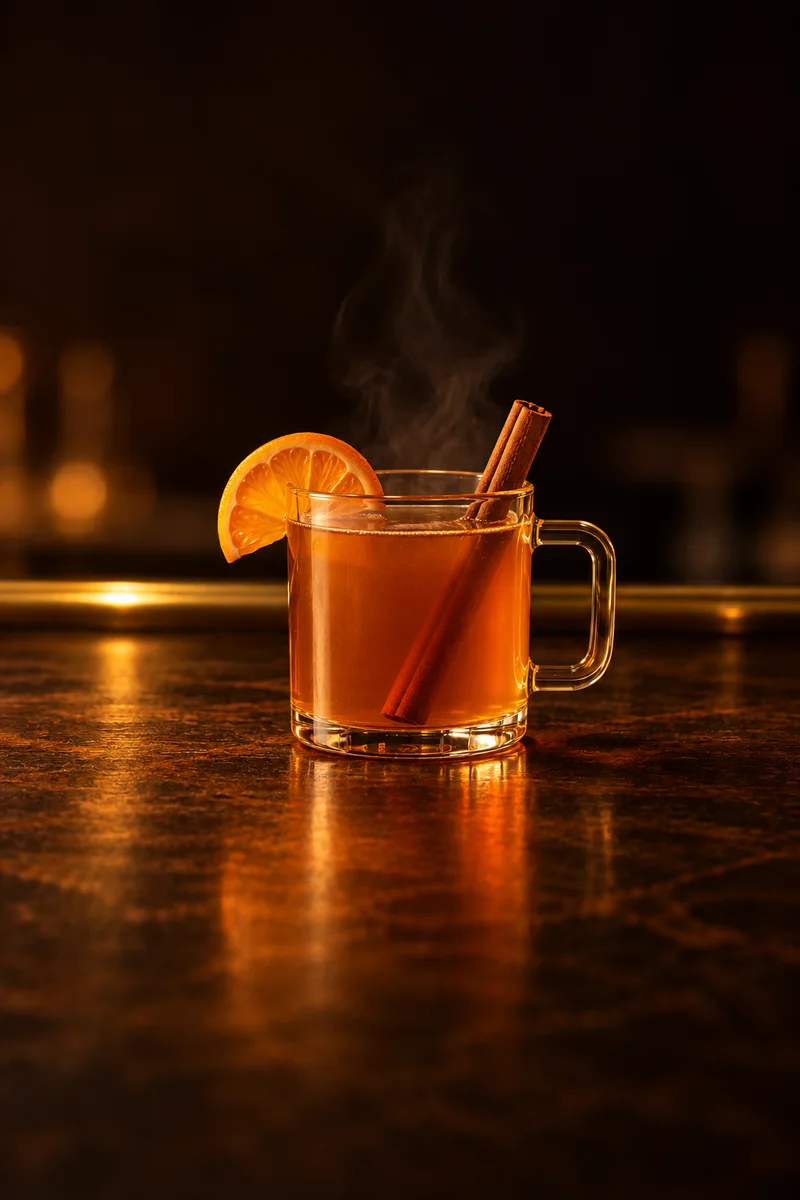 Illustration of Canelazo: hot rich amber liquid, in a small heat-proof glass.