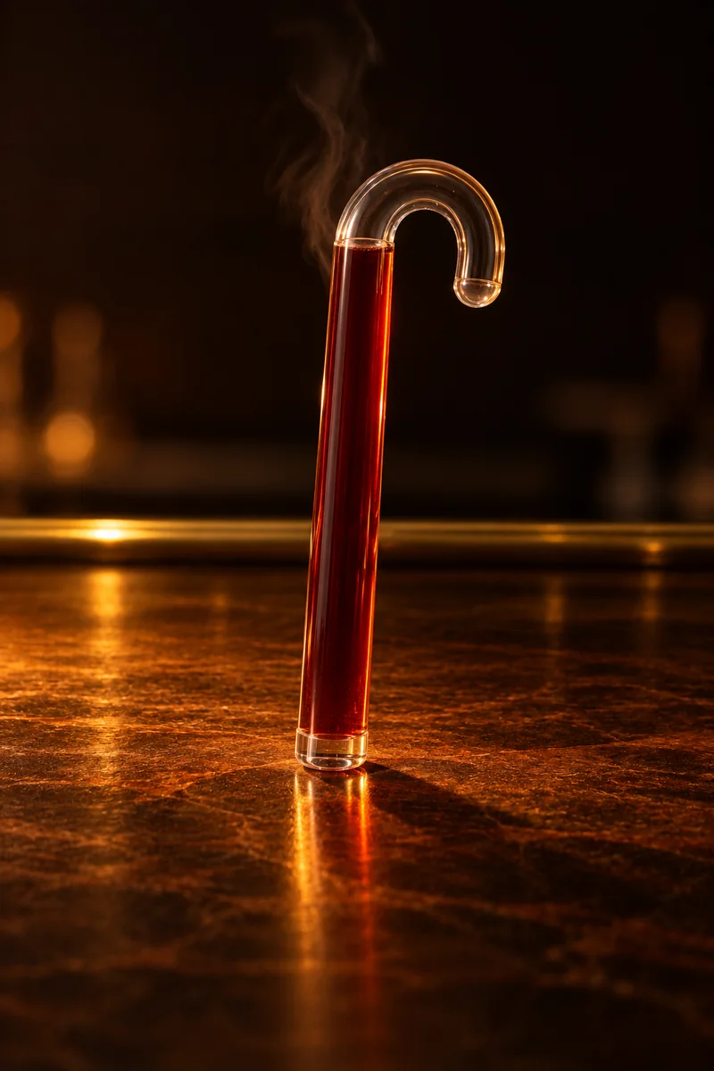 Illustration of Caribou: dark red-brown mulled wine and spirit mix, still, no foam, in a tall hollow clear plastic walking cane with a plain rounded cap, no face and no lettering.