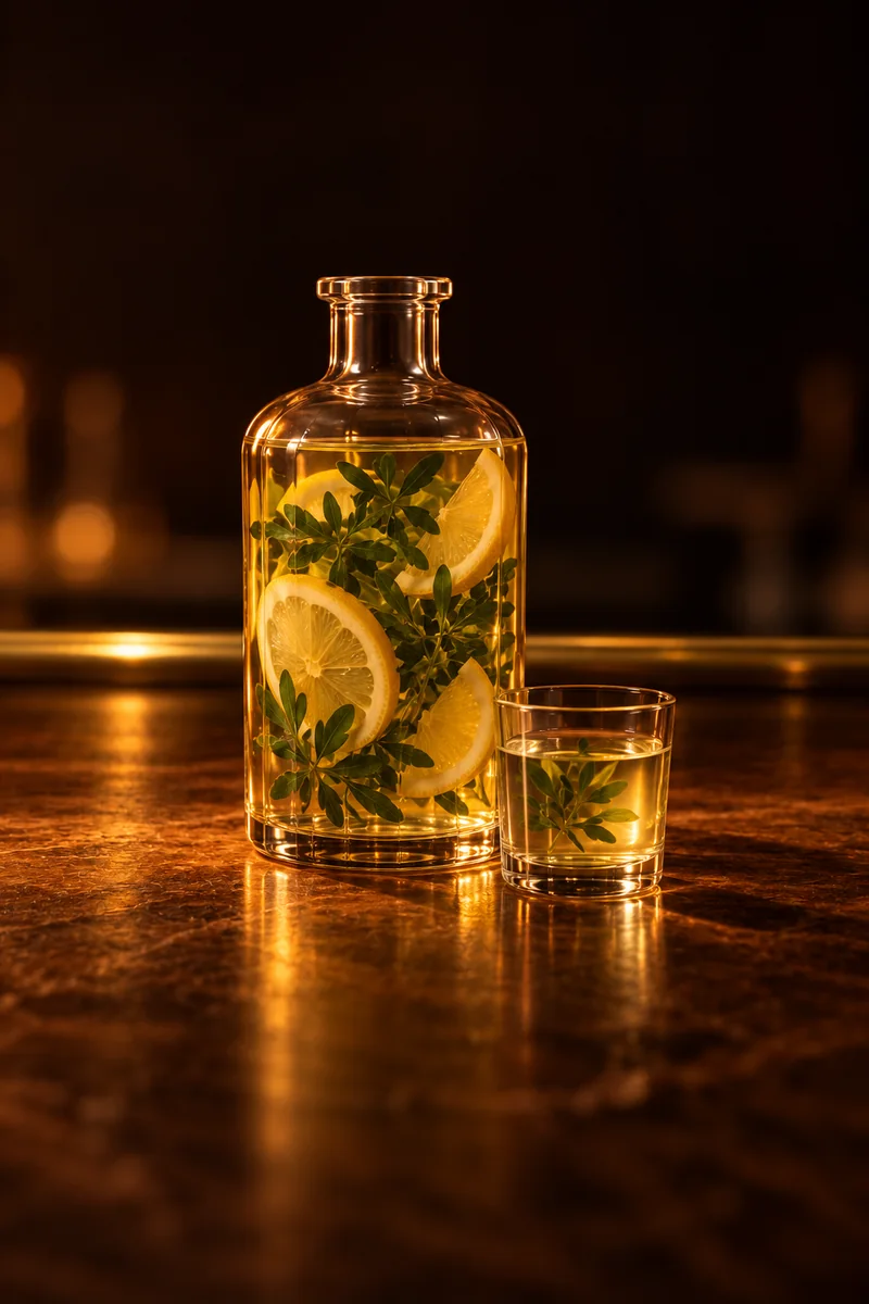 Illustration of Carrulim: clear pale yellow cane spirit with lemon juice, green rue leaves and lemon slices suspended in it, in a clear glass bottle holding the macerate, with a small plain glass beside it.