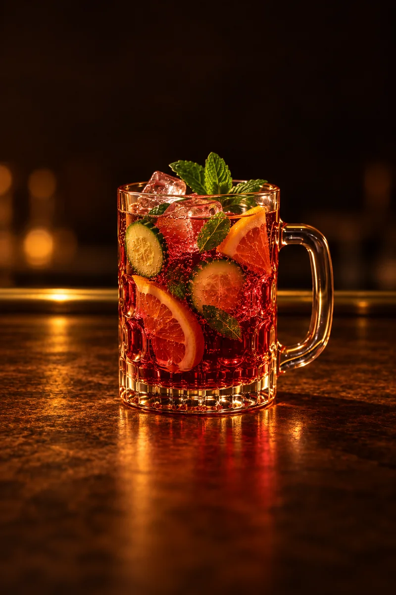 Illustration of Chapman: deep red, clear and fizzy with visible bubbles, in a large dimpled glass beer mug.