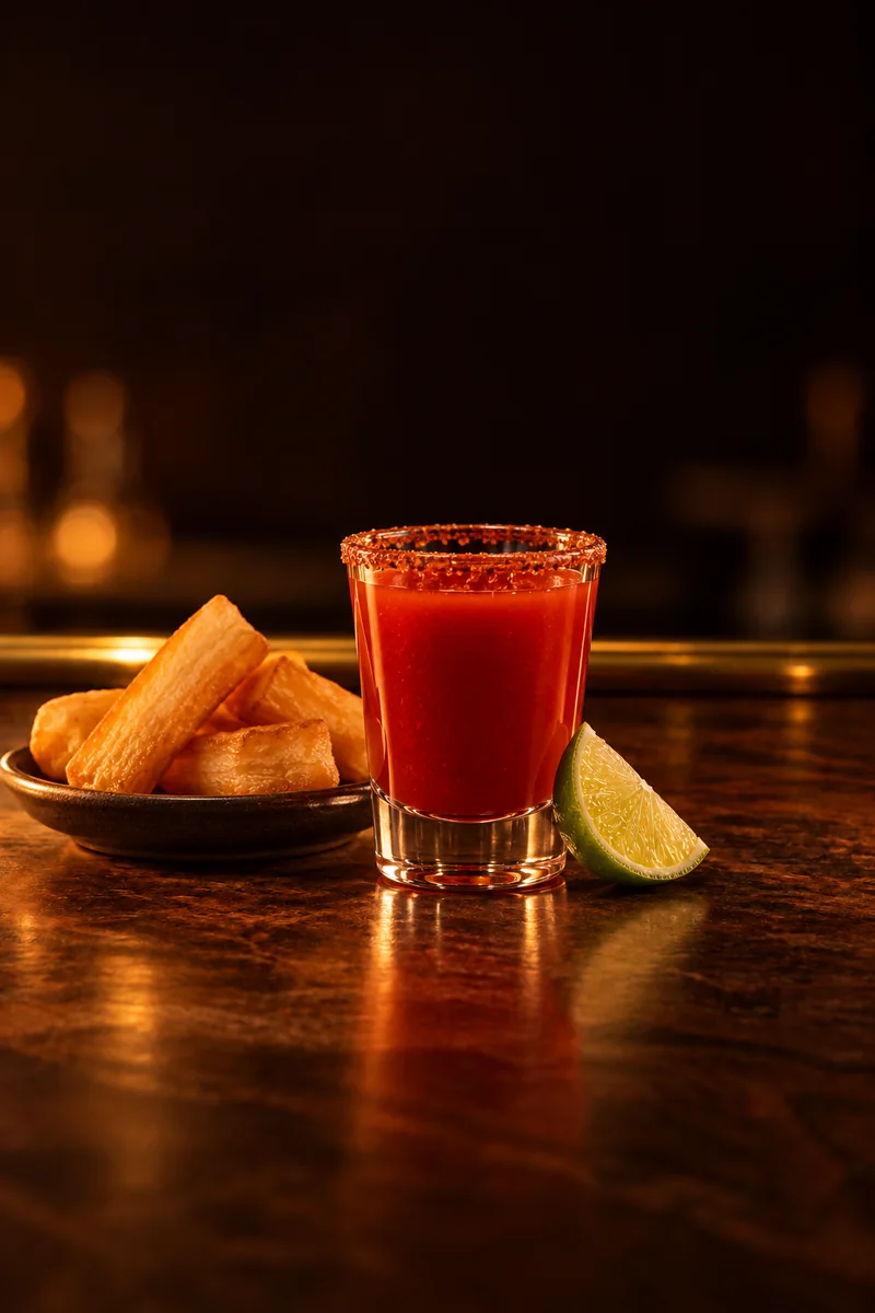 Illustration of Chiliguaro: tomato red, opaque, no layers, in a small shot glass with a Tajin-coated rim.
