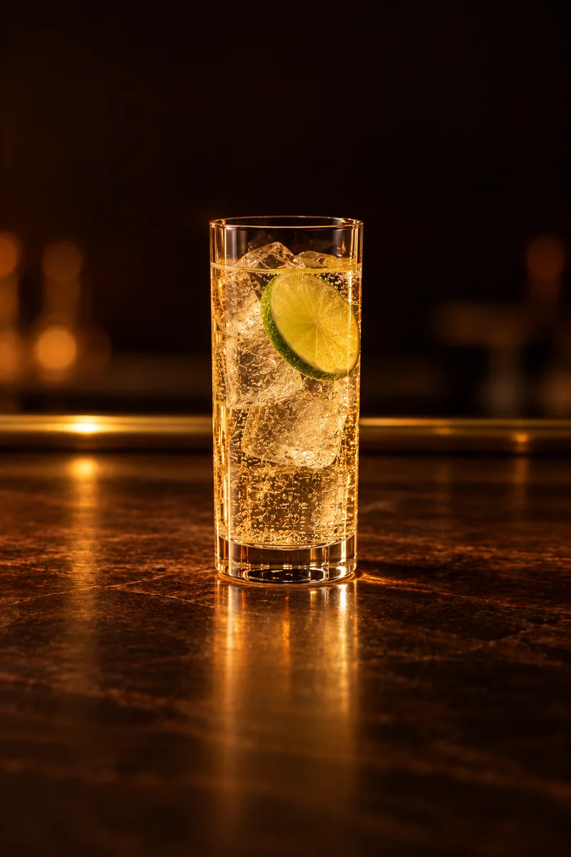 Illustration of Chuflay: clear pale straw yellow and fizzy with fine bubbles, in a tall straight Collins glass.