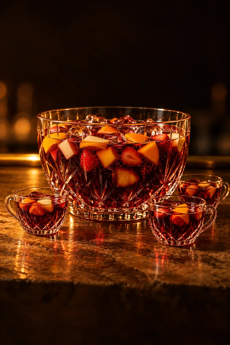 Illustration of Clerico: deep red wine with light fizz and chopped orange, apple, peach and strawberry pieces floating through it, in a cut-crystal punch bowl with small matching crystal cups beside it.