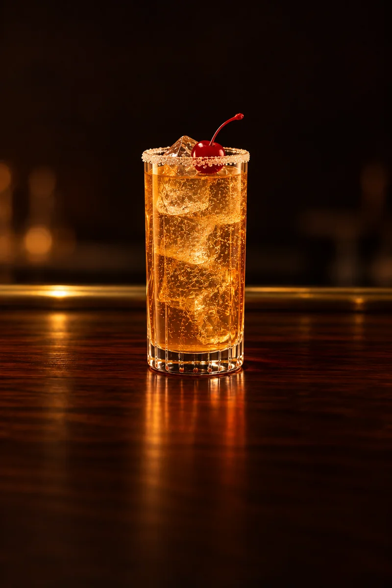 Illustration of Cypriot Brandy Sour: clear pale amber-gold, fizzy, iced-tea-like, in a tall highball glass.