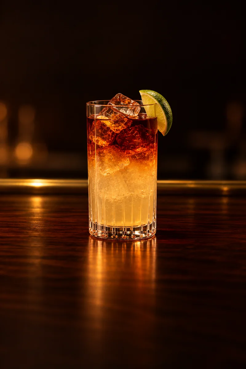 Illustration of Dark 'n' Stormy: two layers, pale cloudy golden ginger beer below and dark brown rum floated above, in a tall highball glass.
