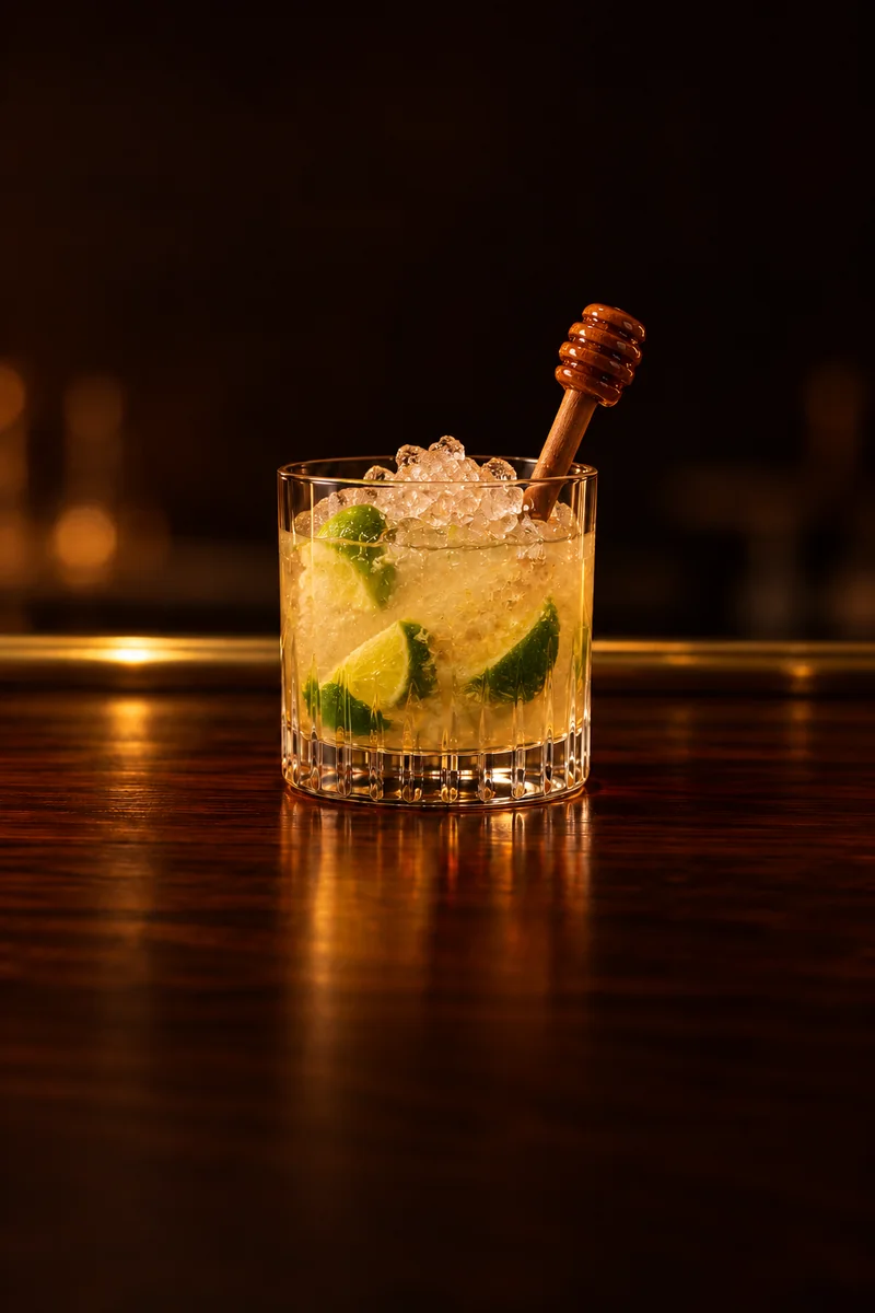 Illustration of Dawa: clear vodka lightly cloudy from crushed lime pulp, with a little honey swirled in, in a short rocks glass.