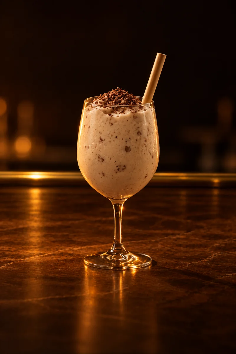 Illustration of Dom Pedro: thick, opaque, pale cream milkshake texture with small ice cream pieces, no bubbles, no layers, in a stemmed wine glass.