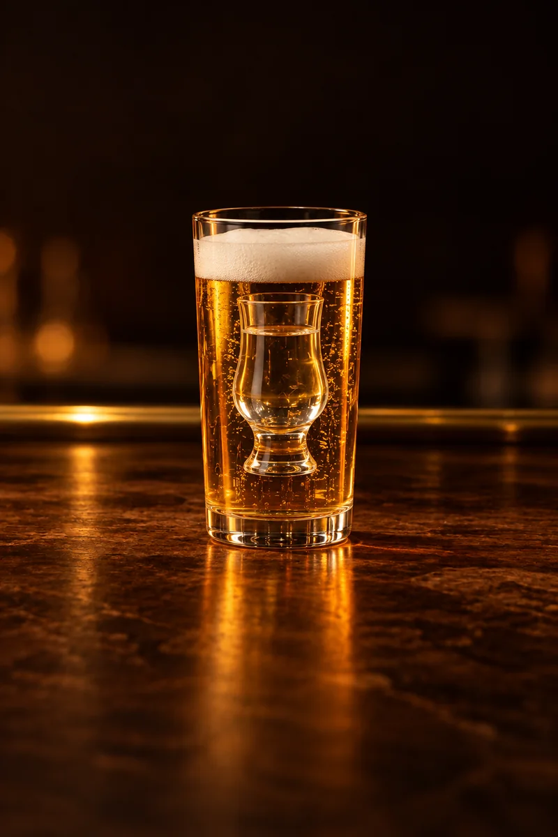 Illustration of Duikboot: golden lager with a white foam head, a small glass of clear jenever sunk inside it, in a tall straight beer glass with a small tulip glass of jenever lowered inside it so it sits within the beer.