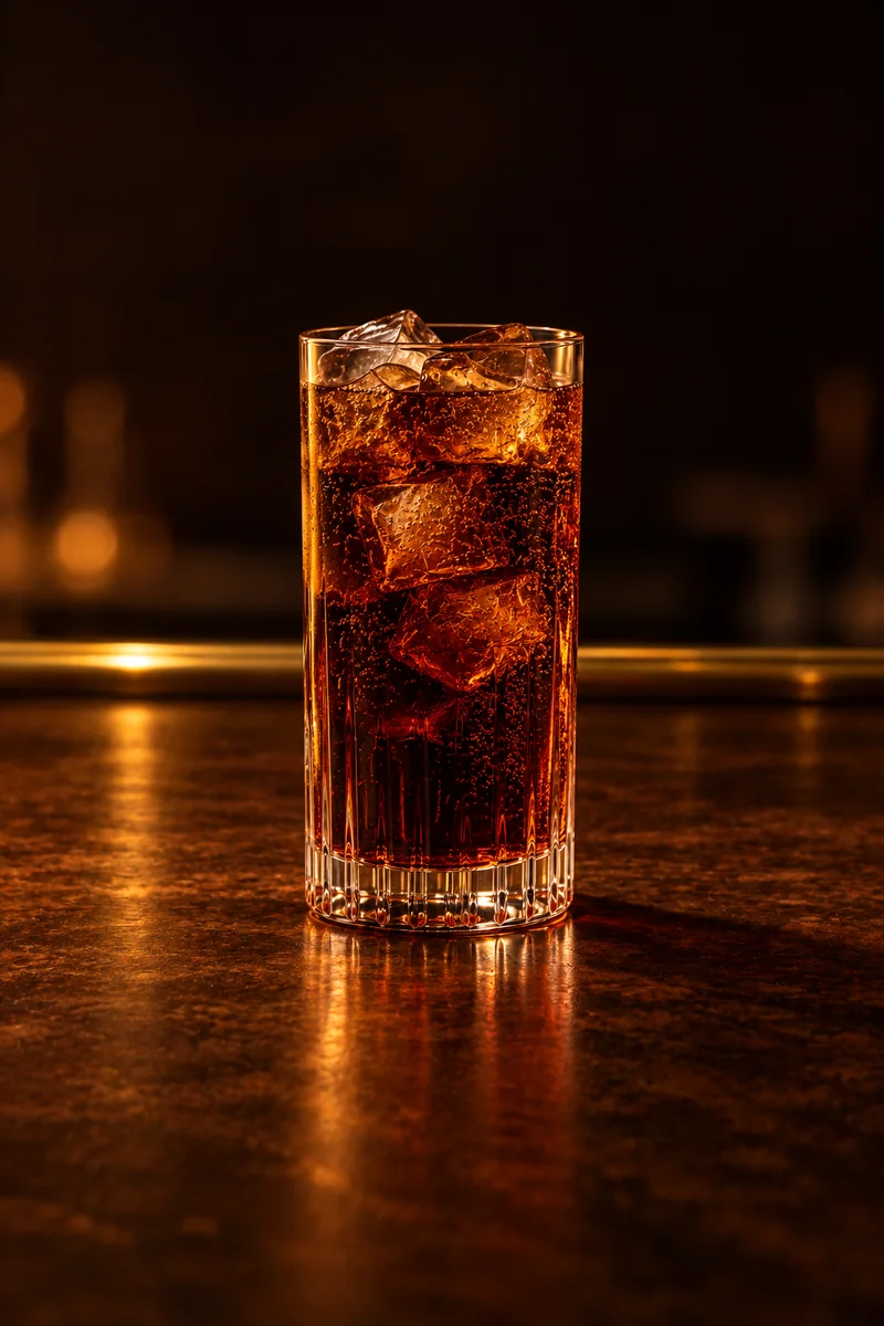 Illustration of Fernet con Coca: opaque dark brown cola color with fine fizz, filled to near the rim, in a tall straight-sided Collins glass.