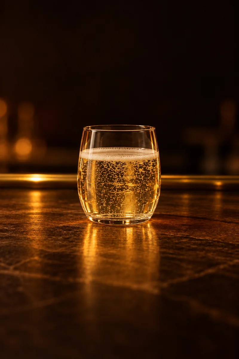 Illustration of Gemišt: clear pale yellow white wine with fine bubbles and a slight froth, in a small stemless barrel-shaped tumbler holding 200 ml.