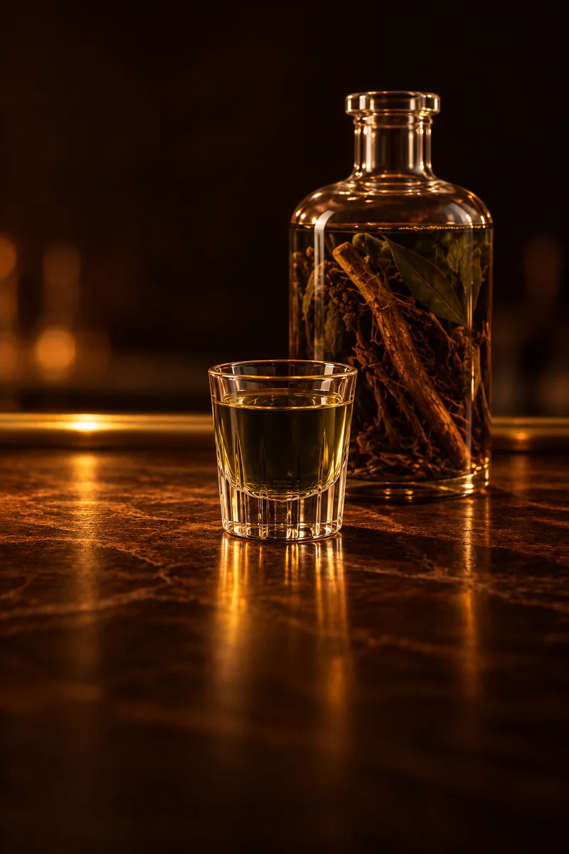 Illustration of Gifiti: dark green-brown, clear and still, in a small shot glass.