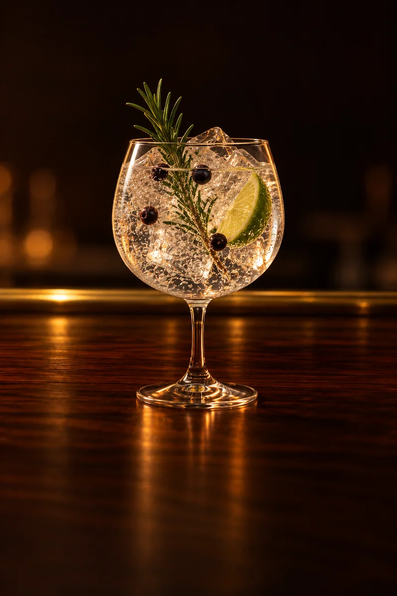 Illustration of Gin Tonic (Spanish gintonica): clear and nearly colorless with bubbles rising through the ice, in a large round stemmed balloon glass with a wide bowl, like an oversized red wine glass.