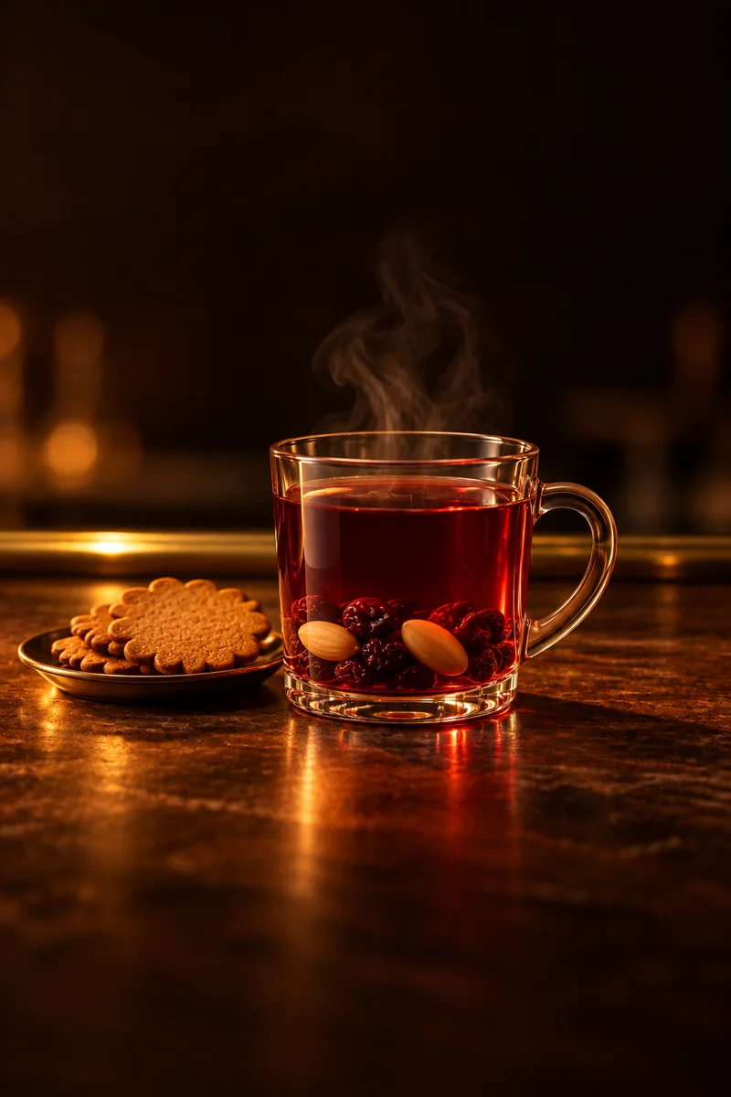 Illustration of Glogg: deep translucent red, steaming, in a small handled glass mug.