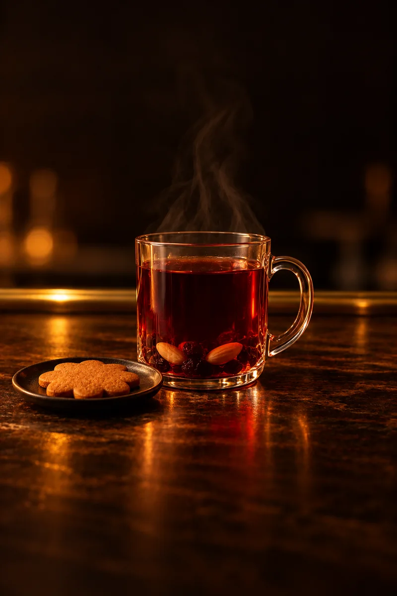 Illustration of Finnish Glogi: deep dark red, translucent, steaming, in a small handled heatproof glass mug.