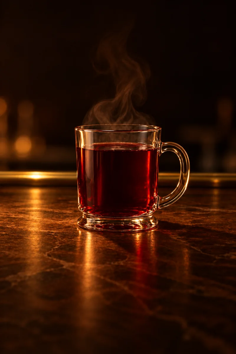 Illustration of Gluhwein: deep translucent red, steaming, in a clear handled glass mug.