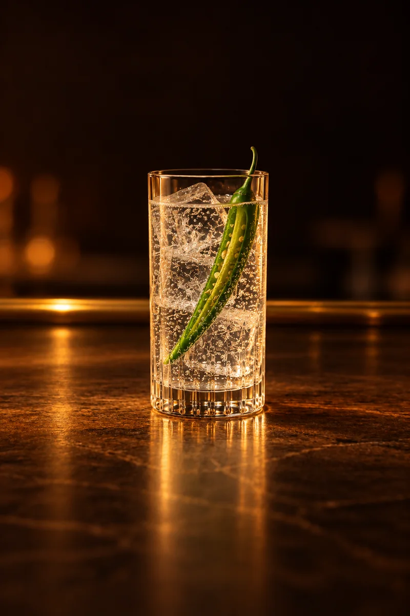 Illustration of Goan Feni Highball: clear and colorless with fine bubbles, in a tall straight highball glass.