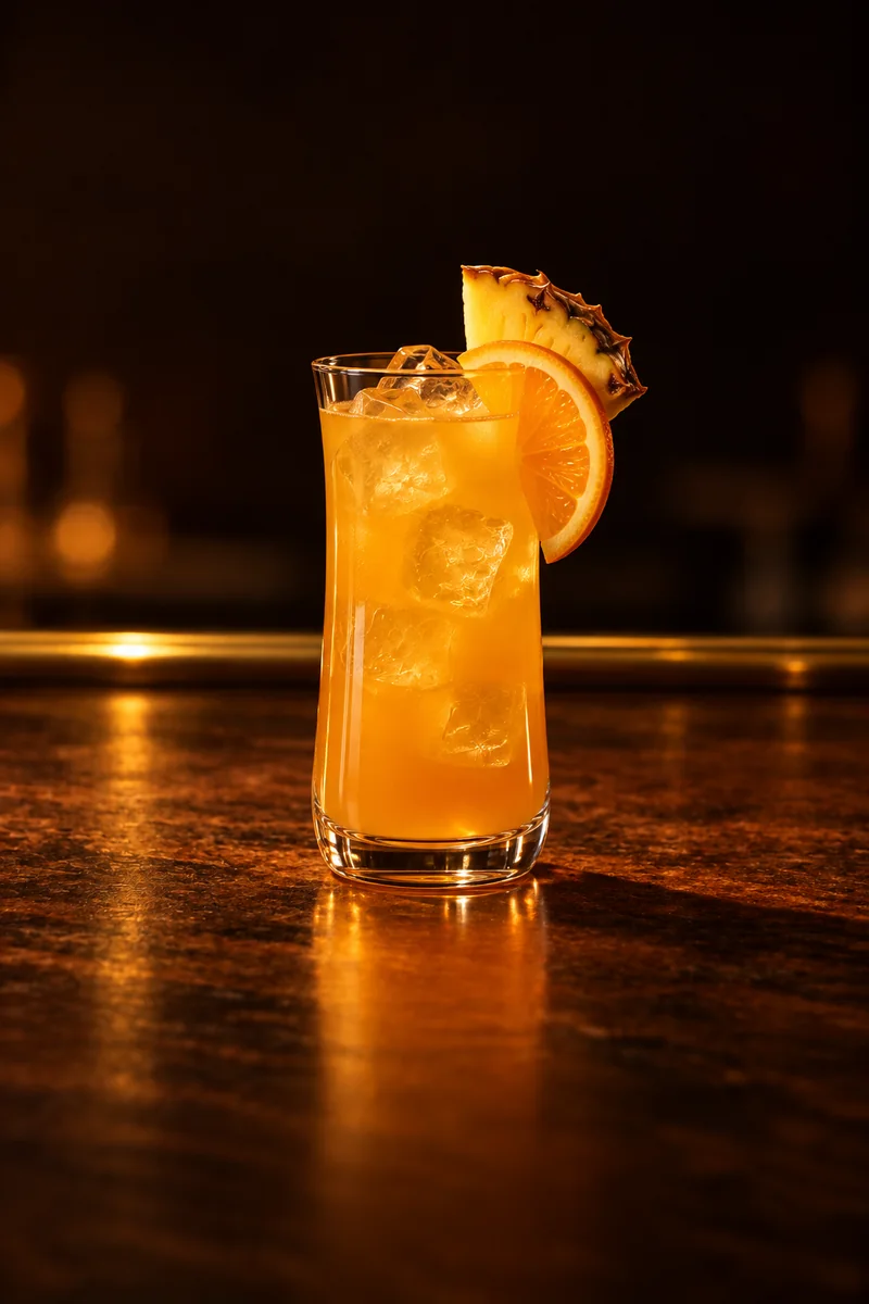 Illustration of Goombay Smash: golden orange, clear to slightly hazy, in a chilled tall sling glass with a gentle curve.