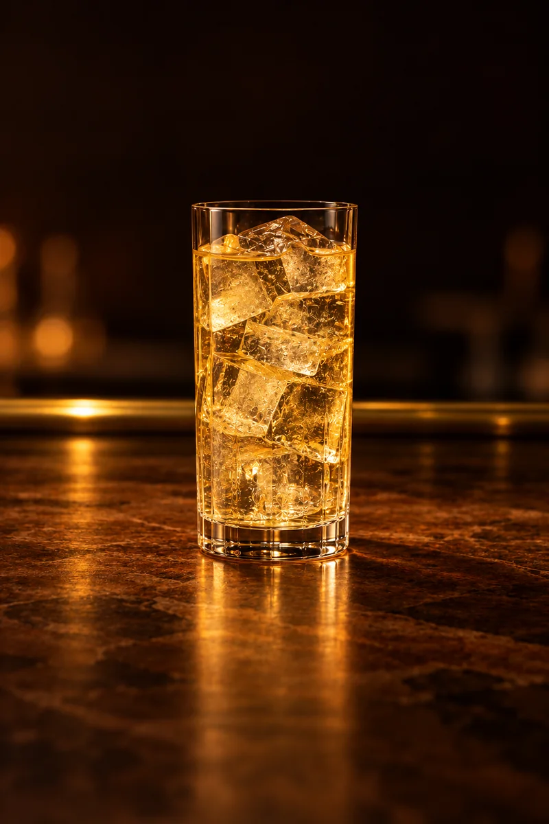 Illustration of Grappamiel: clear pale gold, the color of thin honey, in a tall straight 30 cl Collins glass.