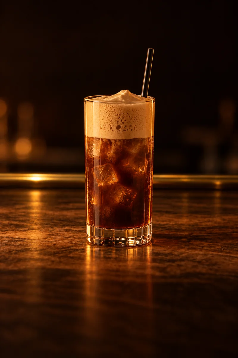 Illustration of Greek Frappé: cold coffee brown under a thick pale beige foam head that sits above the liquid, in a tall straight glass.