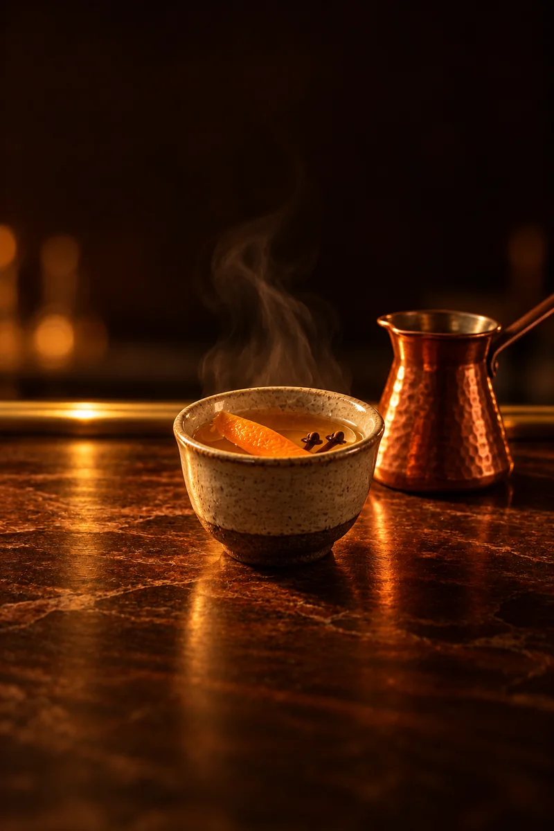 Illustration of Hot Rakia: hot clear amber with steam, in a small ceramic cup.