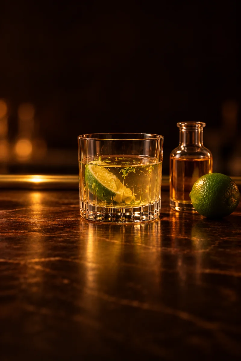 Illustration of Haitian Ti' Punch: clear to pale straw with lime zest visible, in a small squat clear glass tumbler.