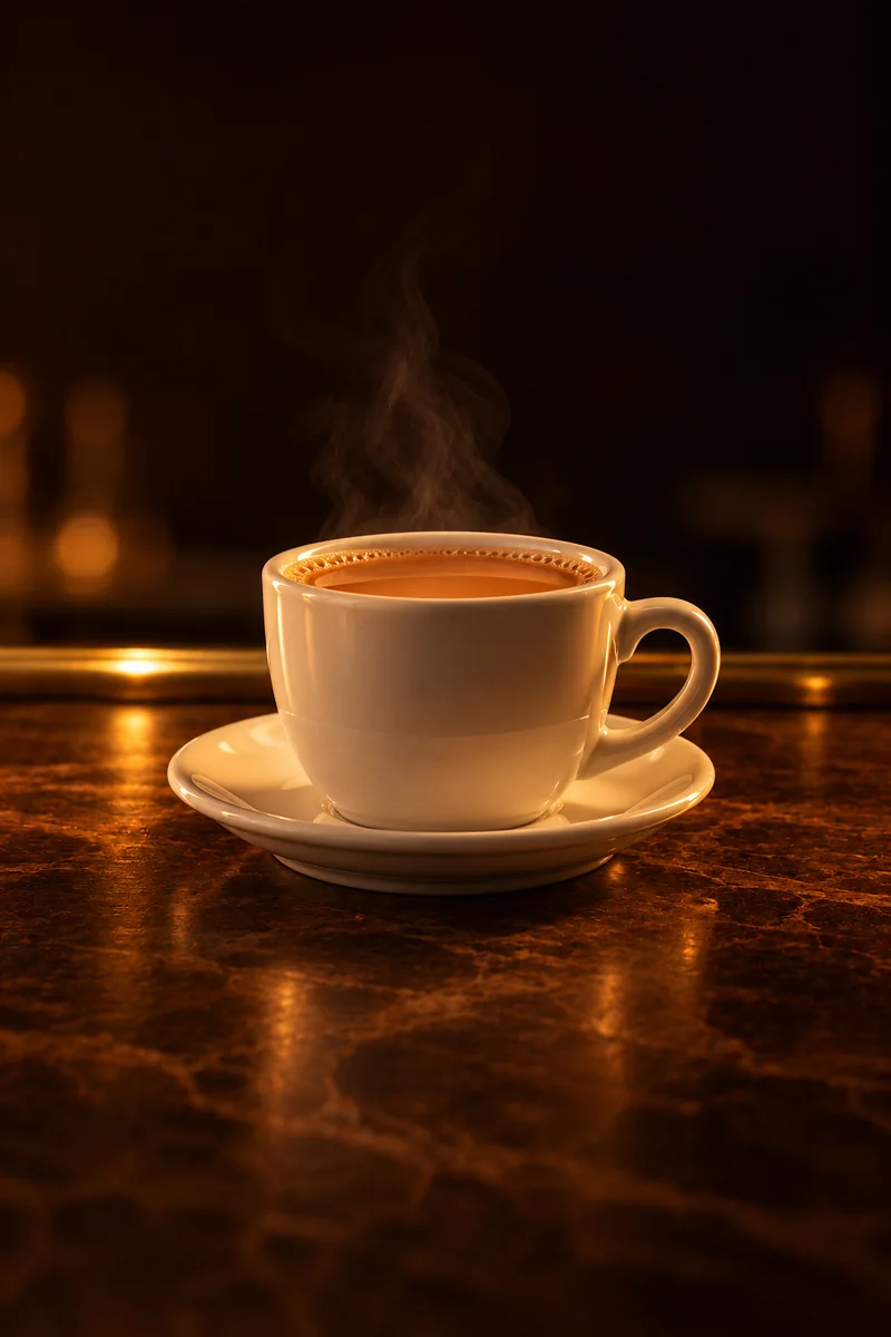 Illustration of Hong Kong-style Milk Tea: smooth opaque deep reddish brown, in a thick white ceramic diner teacup on a saucer.
