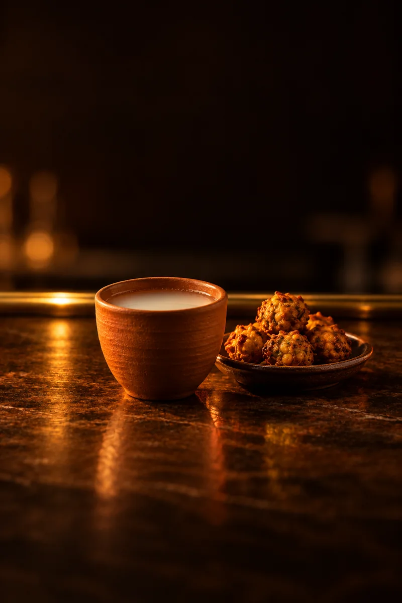 Illustration of Htan Yay (Toddy Palm Wine): pale, milky and slightly cloudy, in a small unglazed clay cup.