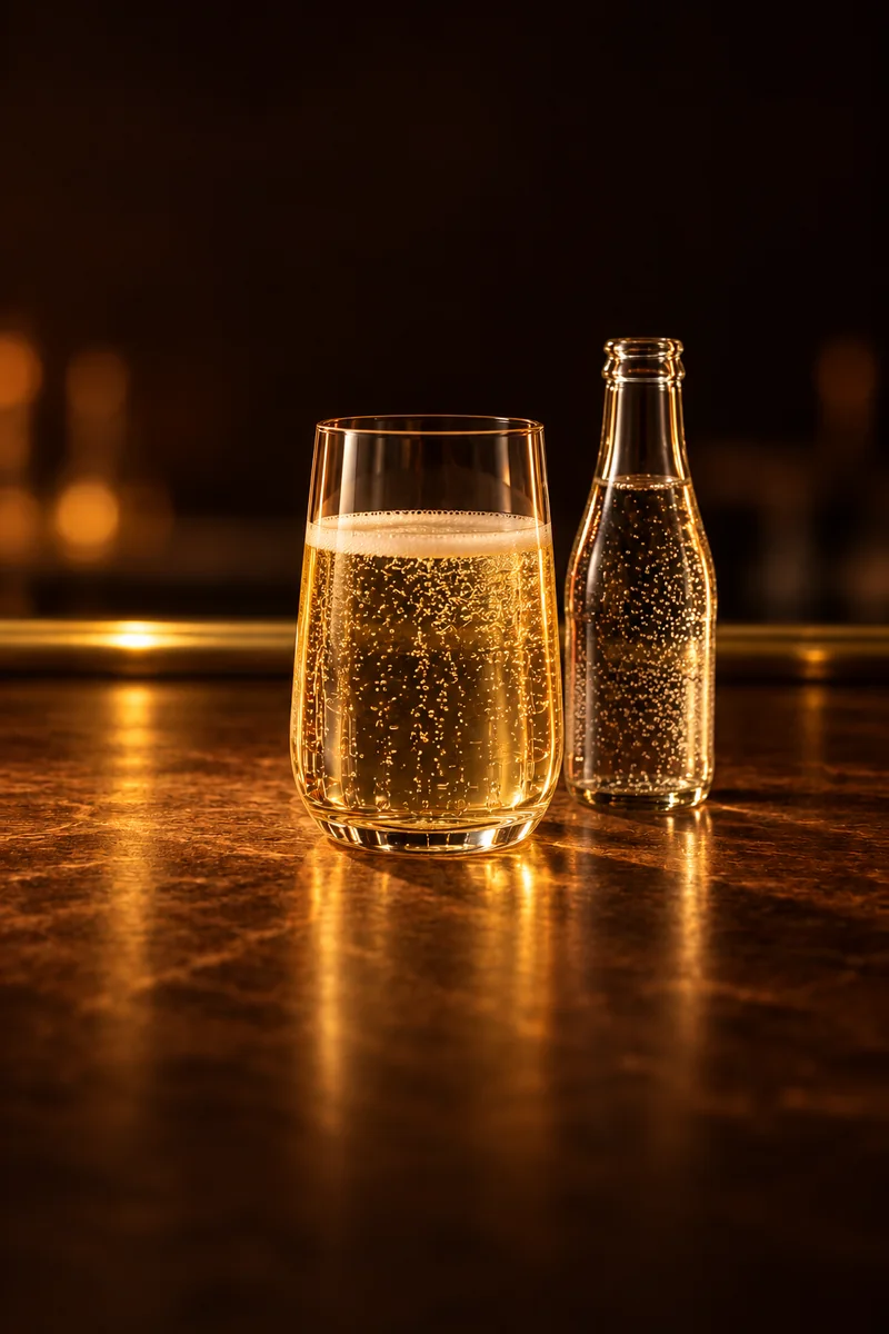 Illustration of Fröccs: clear pale straw white wine with fine bubbles, in a plain straight-sided water glass without a stem.