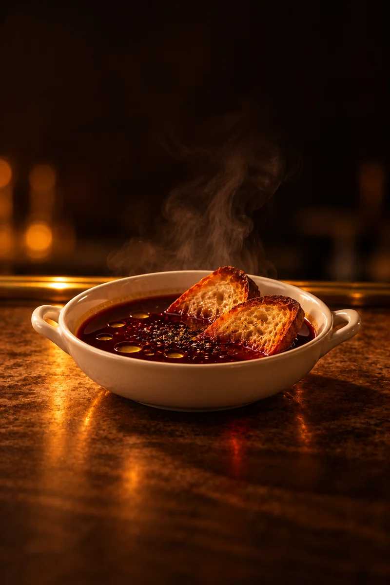 Illustration of Istrian Supa: hot dark red wine with steam, in a plain white porcelain dish.