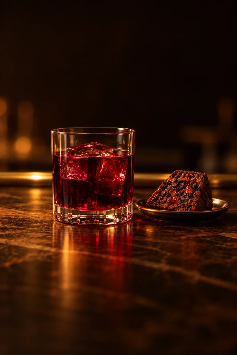Illustration of Jamaican Sorrel with Rum: dark purple-red, clear and still, in a short straight-sided plain tumbler.